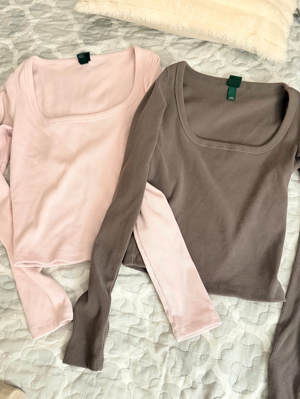 Target Women’s Long Sleeve Ribbed Square Neck Top - Pink & Taupe